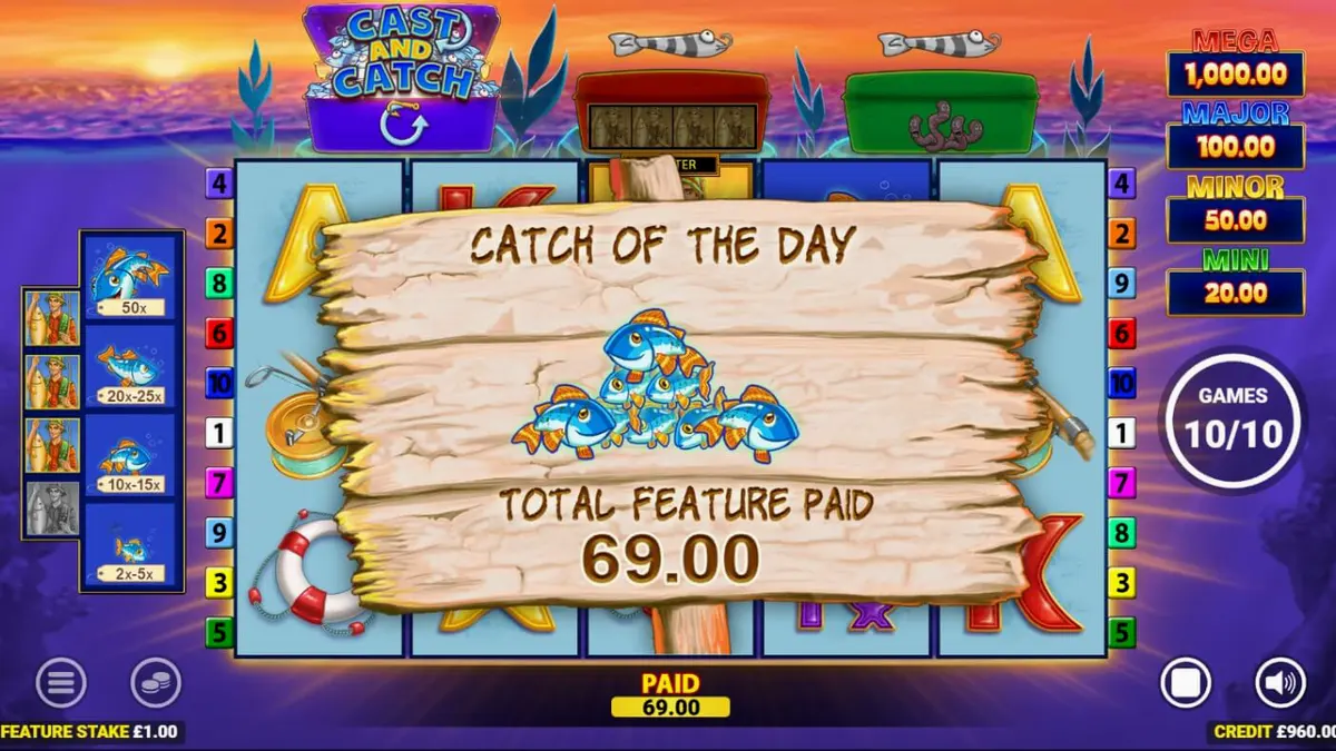 Tampilan visual slot Fishin Frenzy Lure Em In dengan latar belakang danau dan simbol bertema memancing.