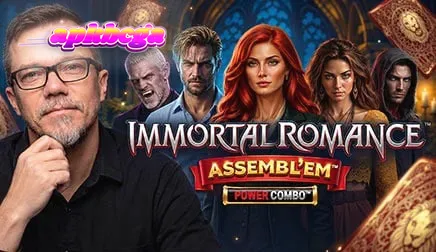 Tampilan visual slot Immortal Romance ASSEMBL’EM dengan elemen karakter dan fitur progresif.